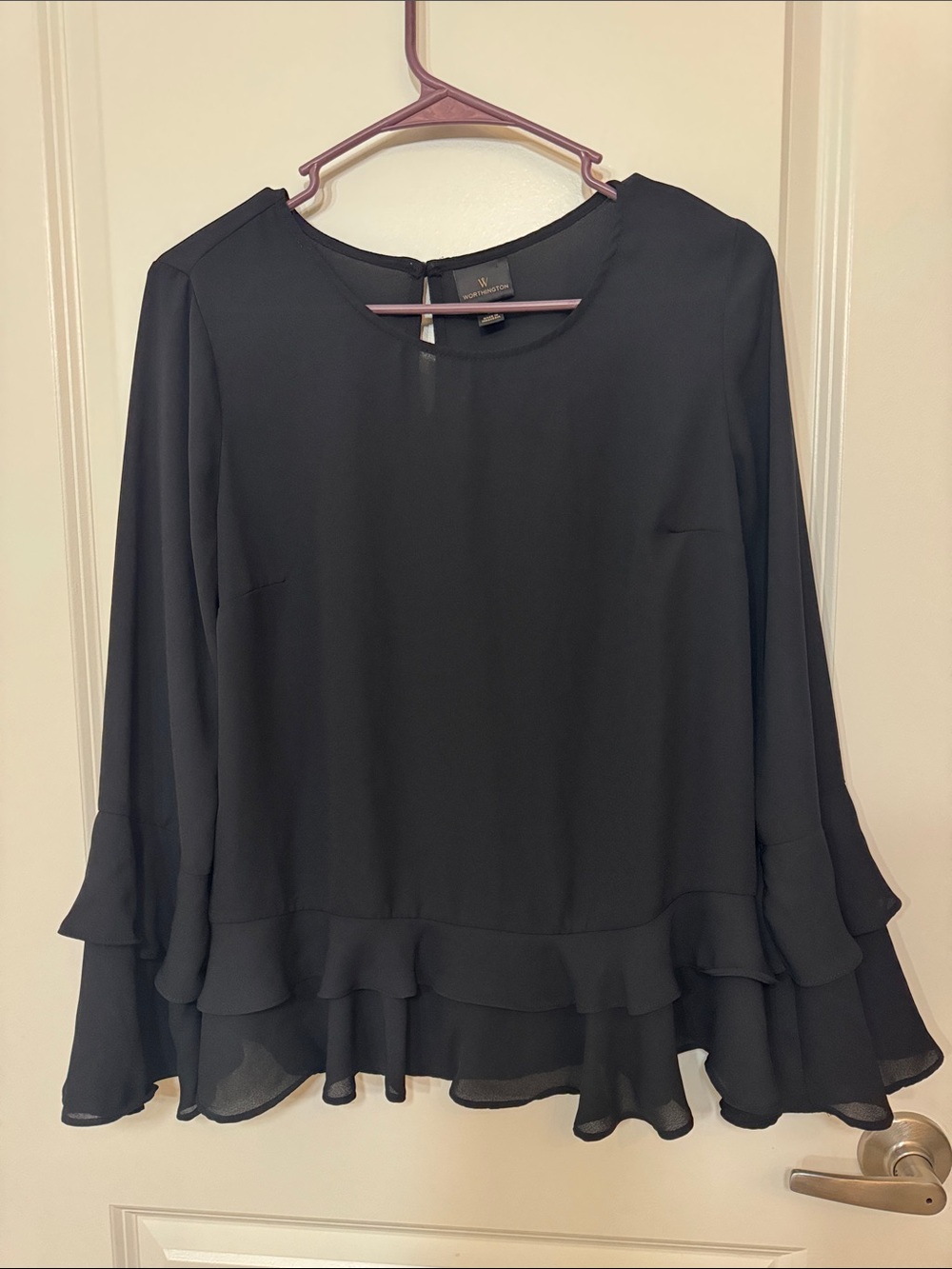 Worthington Black Ruffle-Hem Long Sleeve Blouse